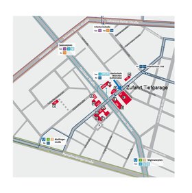 Gebäudeplan und Zufahrt zur Tiefgarage